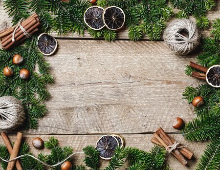 Christmas background with christmas decor on rustic background. Christmas and New year theme. Top view with copy spaceの写真素材