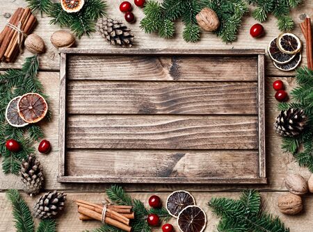 Christmas background with christmas decor on rustic background. Christmas and New year theme. Top view with copy spaceの写真素材
