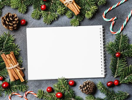 Christmas background with christmas decor on rustic background. Christmas and New year theme. Top view with copy spaceの写真素材