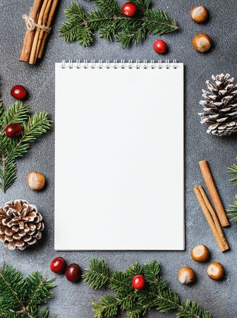 Christmas background with christmas decor on rustic background. Christmas and New year theme. Top view with copy spaceの写真素材