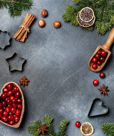 Christmas background with christmas decor on rustic background. Christmas and New year theme. Top view with copy spaceの写真素材