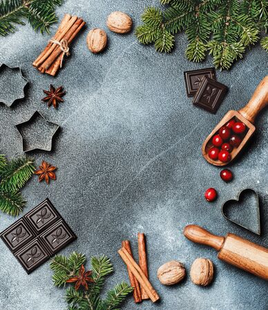Christmas background with christmas decor on rustic background. Christmas and New year theme. Top view with copy spaceの写真素材