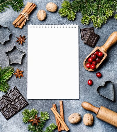Christmas background with christmas decor on rustic background. Christmas and New year theme. Top view with copy spaceの写真素材
