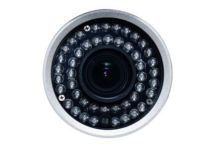 The front view to the video surveillance camera isolated on white backgroundの写真素材