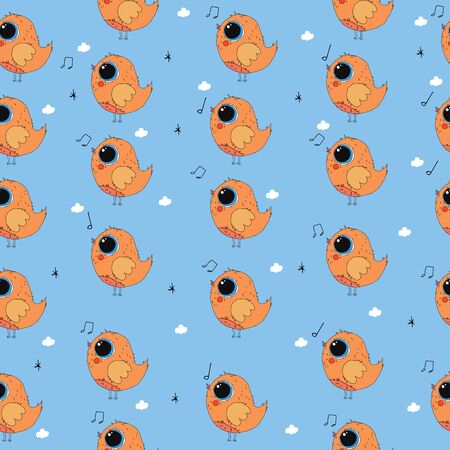 Seamless vector pattern with colorful cartoon birds isolated on blue background for your designのイラスト素材