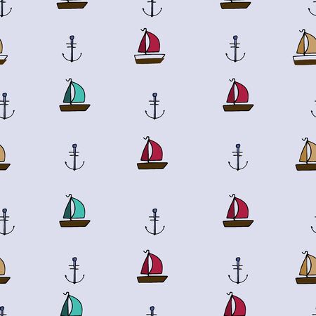 Seamless vector background pattern with isolated ships and anchors in cartoon styleのイラスト素材
