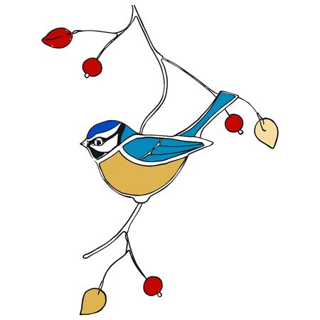Isolated tit bird icon on a branch of rowan. Vector illustration in cartoon styleのイラスト素材