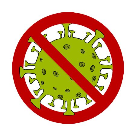 Covid-19 virus cells or corona virus and bacteria close up isolated on white background. Stop sign vector iconのイラスト素材