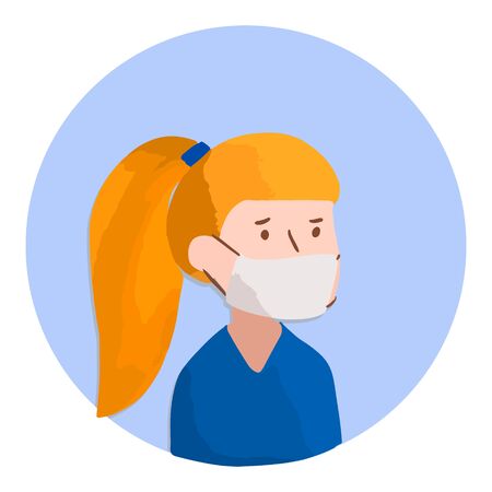 Woman with blond hair in a mask and blue coat in circle. Vector medical worker conceptのイラスト素材