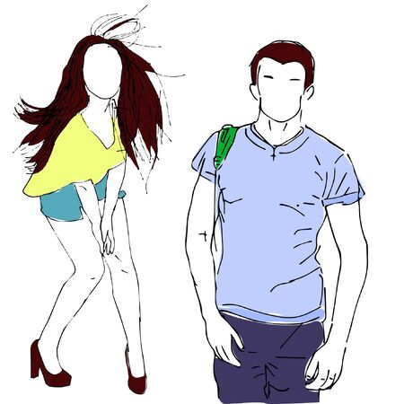 Fashion people. Outline vector illustration. Man and woman. Hand drawn sketchのイラスト素材