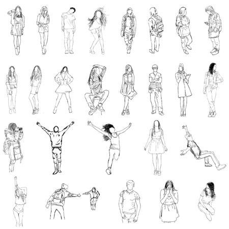 Big set with black and white sketch of people isolated on white background. vector illustration, hand drawn. Boys and girls for your designのイラスト素材