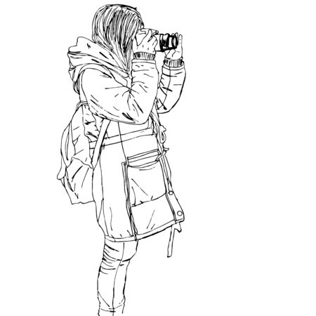 Sketch of people, vector Illustration, hand drawing. girl with cameraのイラスト素材