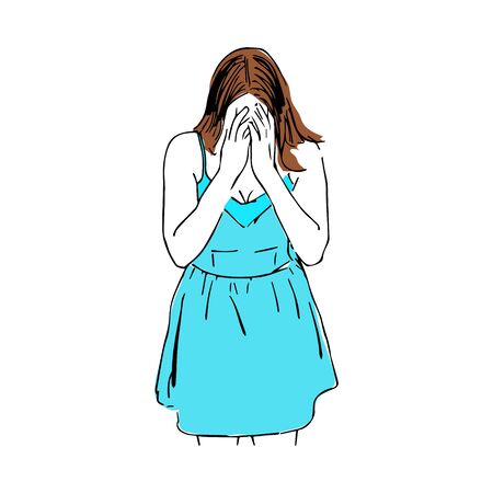 Outline girl in a dress covered her face with her hands. Colourful vector illustration of person. The concept of embarrassment, shame, tears, grief and failureのイラスト素材