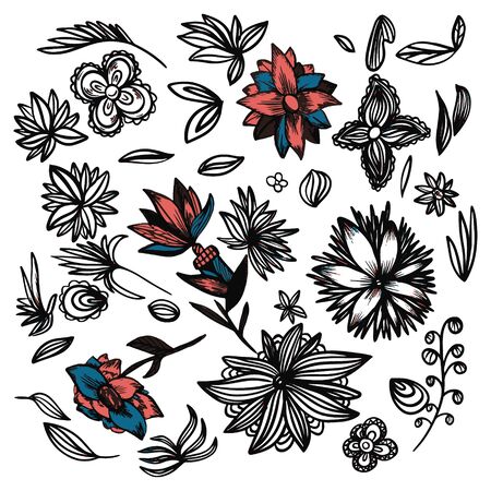 Graphic Old School Tattoo Floral Collection Isolated On White With Black And White Leaves Flowers For Your Designのイラスト素材 ストックフォト 写真素材のstock Foto ストック ドットフォト