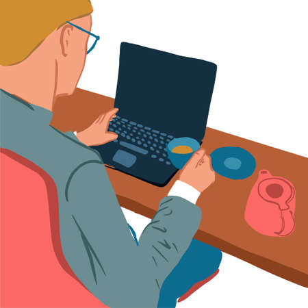 Colorful freelancer concept with laptop in cafe. Back view. Vector illustrationのイラスト素材
