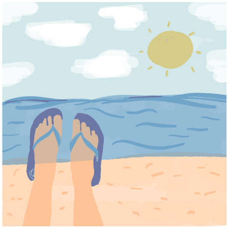 Sun sea and beach with feet in slippers. Leisure travel concept. Colourful vector illustrationのイラスト素材