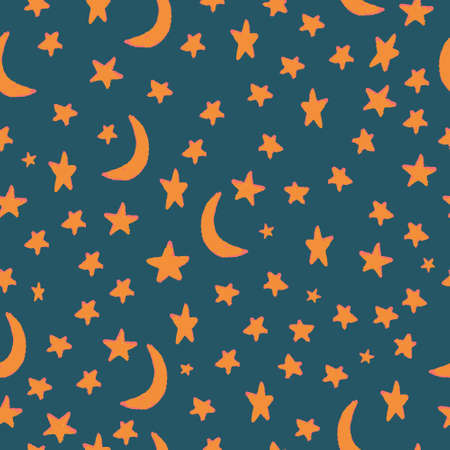 Seamless pattern with yellow star and moon isolated on dark blue background in cartoon style . Vector illustrationのイラスト素材