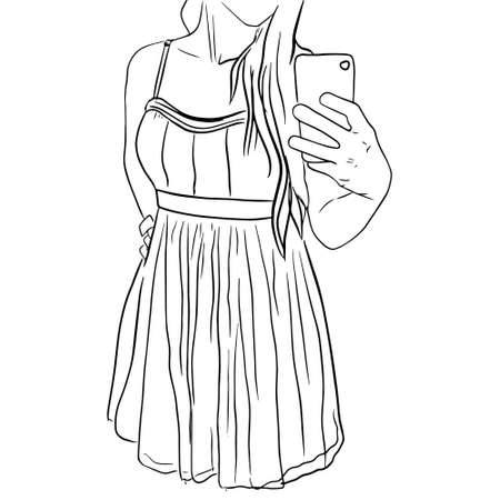 Outline sketch of girl in dress do selfie. Vector illustrationのイラスト素材
