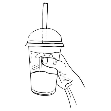 Outline sketch of hand hold drink in a plastic glass with a straw. Vector illustrationのイラスト素材