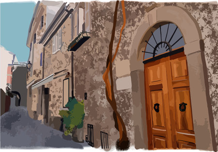 Colourful illustration of narrow street in old town of San Marino. Vector illustrationのイラスト素材