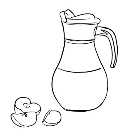 Outline sketch of jug and apples in doodle style. Vector illustrationのイラスト素材