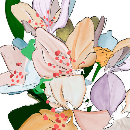 Colourful flowers with pistils and stamens and leaves. Floral illustration background design. Spring conceptのイラスト素材