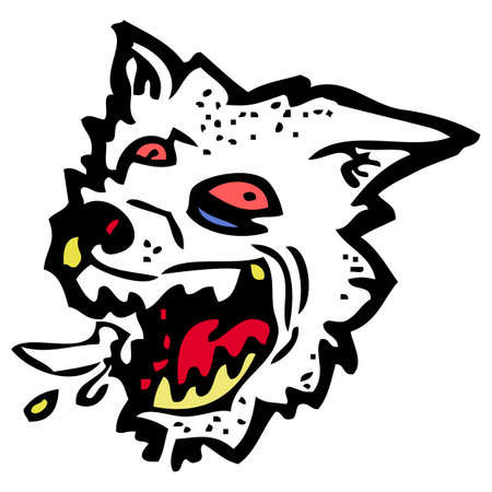 Vector illustration of crazy dog wolf with red eyes and open mouth in cartoon tattoo styleのイラスト素材