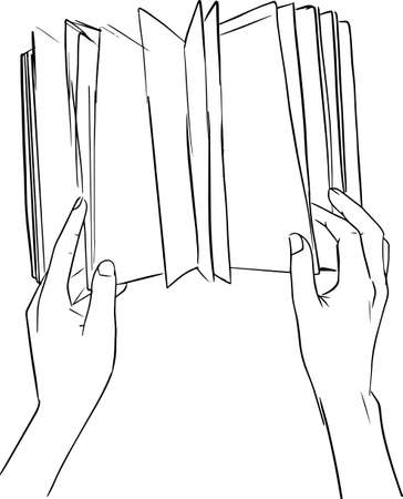 Outline sketch of opened book with two hands on it. Black and white vector illustration of reading concept in doodle styleのイラスト素材