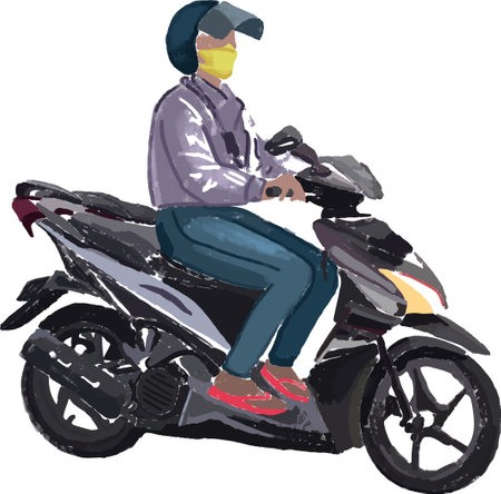 Colourful illustration of biker on a motorbike in a mask and helmet. Vector illustrationのイラスト素材
