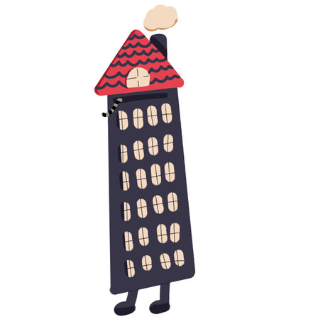 Cartoon house illustration with red roof, pretty cat tail and legsのイラスト素材