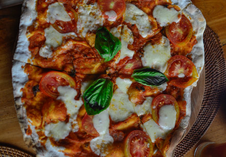 close up wood fired tomato pizza Margherita vegetarian food