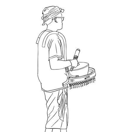 Outline sketch of a musician from the island of bali stands with a national instrument from the gamelan orchestra at the cremation ceremonyのイラスト素材