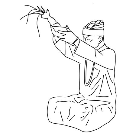 Outline sketch of praying Balinese man in traditional dress sacred raised his hands to the skyのイラスト素材