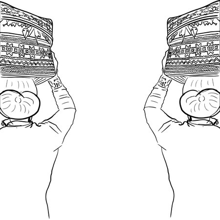 Outline sketch of woman carrying traditional box on head religious symbolのイラスト素材
