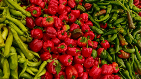 texture of close up peppers in green and red colours from organic village market. View from aboveの写真素材