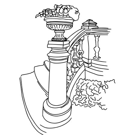 outline minimal sketch of column at the beginning of the stairs in a classic style with a flower potのイラスト素材