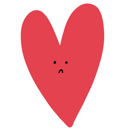 Heart symbol with sad face emotion in cartoon face inside isolated on white. Conception of sad, bad mood and discontentのイラスト素材