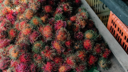 A vibrant and colorful pile of rambutans, showcasing their unique and spiky appearance in rich colorsの写真素材