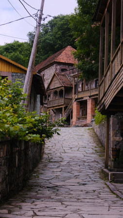 Take a leisurely stroll along a beautiful cobblestone path framed by rustic buildings in a peaceful village settingの写真素材