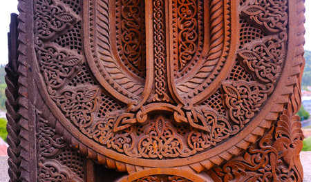 A beautifully detailed wooden carving proudly showcasing exceptional artistic craftsmanship and rich cultural motifsの写真素材