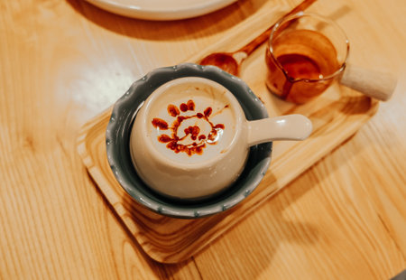 Egg Vietnamese Coffee creatively designed beverage featuring intricate foam art that is beautifully served on a wooden trayの写真素材