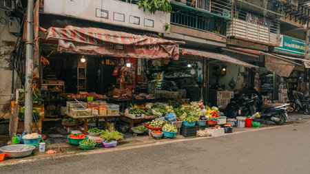 A lively and bustling street market where you can find fresh produce along with vibrant and colorful local goodsの写真素材
