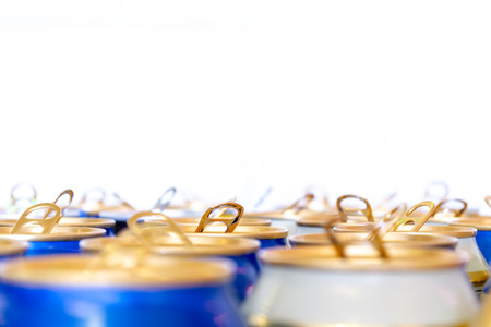 Opened beer cans isolated on white background, with space for text. Drink cans (or beverage cans)...