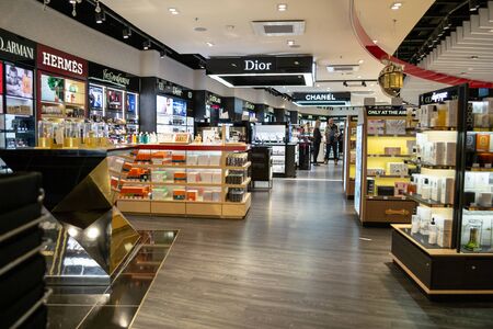 Lyon, France - 16 March 2019: Perfume store at Saint Exupery International airport, in Lyon, with...