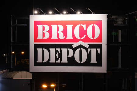 Brico Depot logo on a billboard, at night, in Bucharest, Romania - May 28, 2020.のeditorial素材