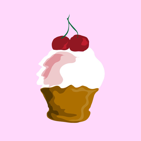 Illustration. Cake with cherries on a pink backgroundのイラスト素材