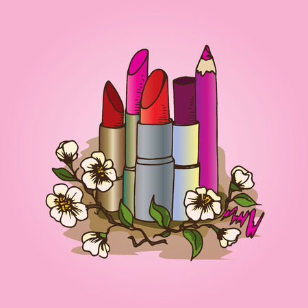 Illustration of cosmetics. Pencils and lipsticks for make-up.のイラスト素材