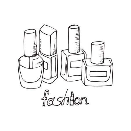 Illustration of cosmetics. Nail polishes. Outline drawing.のイラスト素材