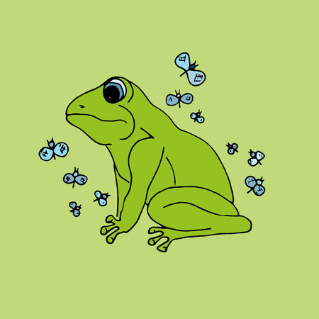 Illustration green frog with butterflies, backgroundのイラスト素材