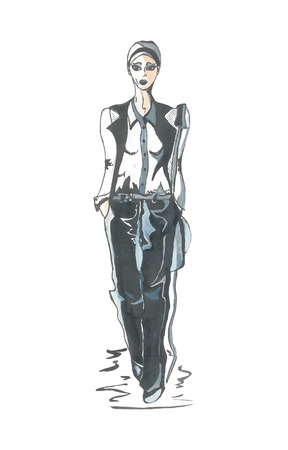 Hand drawn illustration of a girl in black and white clothing. Model. Autotraced.のイラスト素材